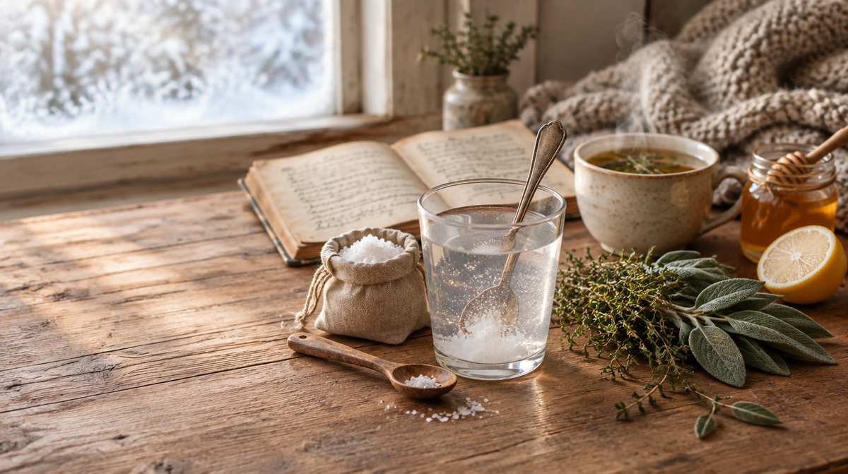 Hausmittel Salzwasser: Glas mit Meersalz, altes Rezeptbuch, Kräutertee, Honig und Salbei am Winterfenster