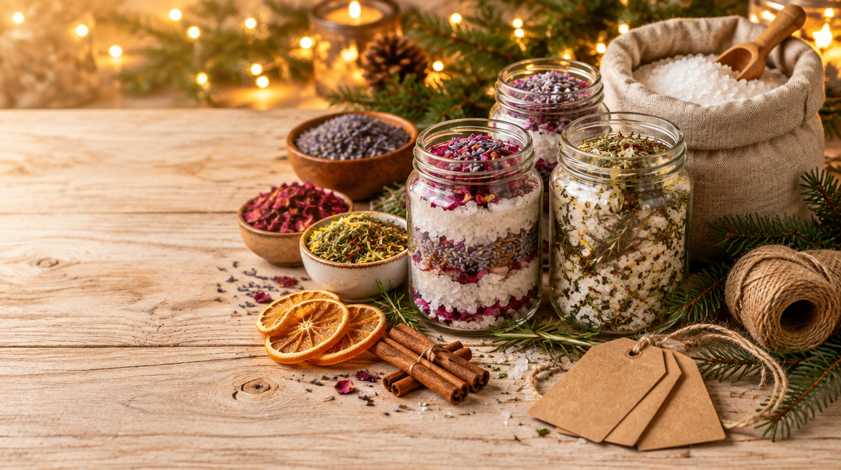 Selbstgemachtes Badesalz mit Lavendel und Rosen und Kräutersalz in Gläsern, daneben ein Sack Meersalz