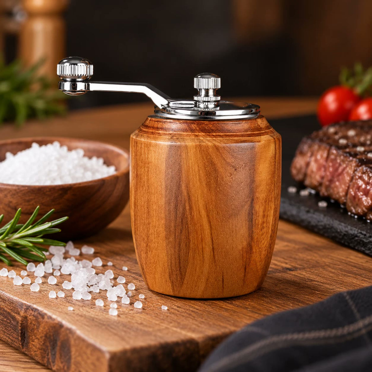 Mühle aus Akazienholz auf einem Holzbrett neben grobem Meersalz