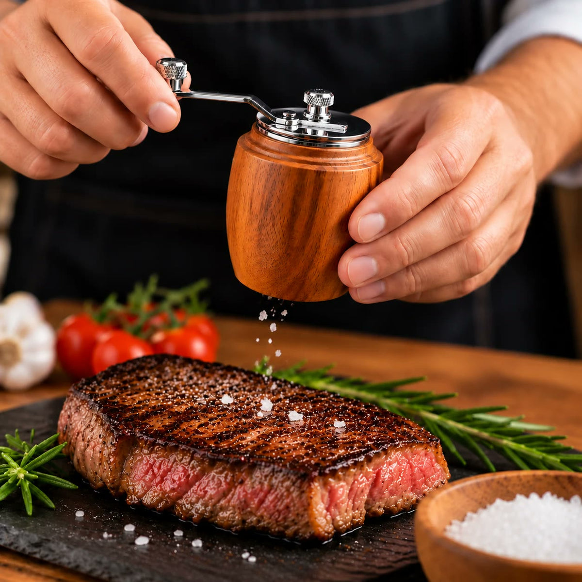 Frisch gemahlenes Meersalz aus der Akazienholz-Mühle auf einem Steak