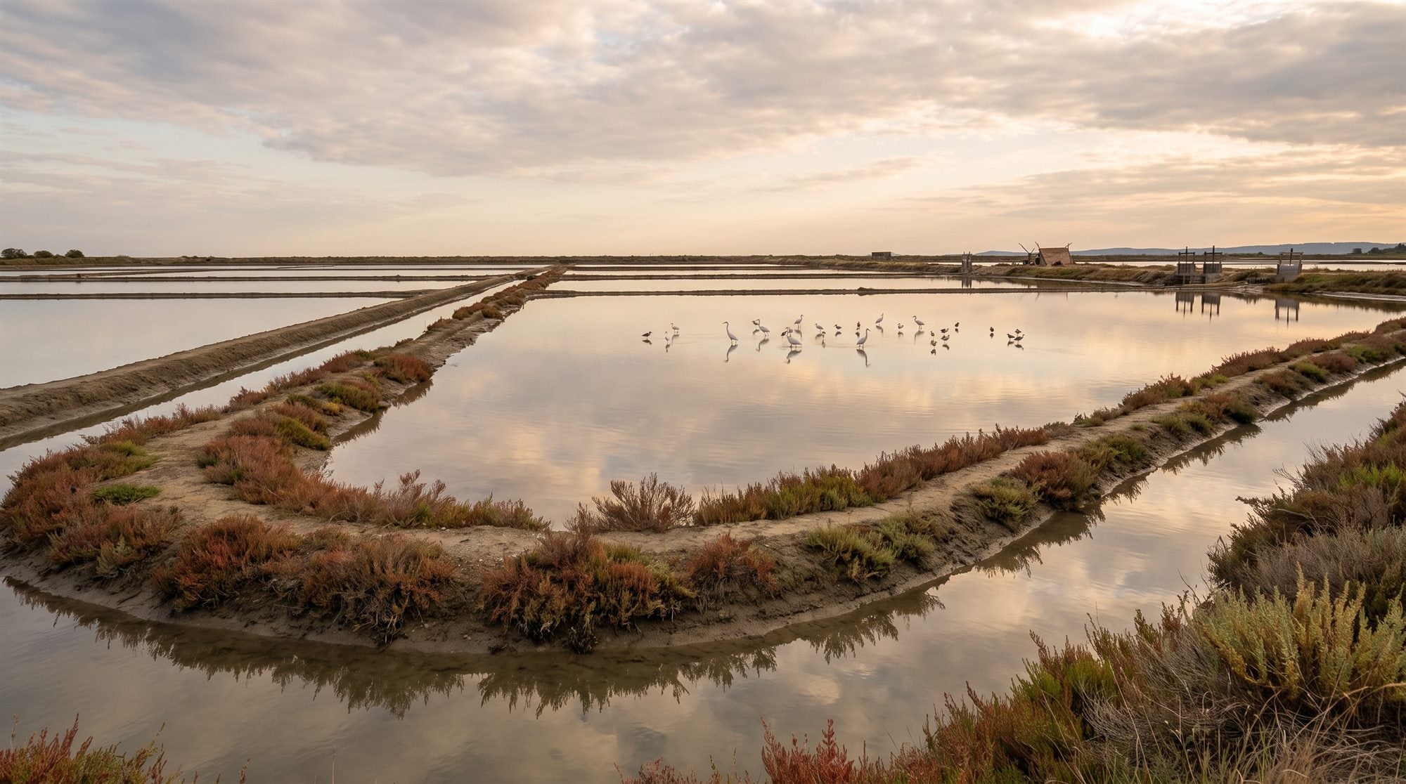 Die weiten Wasserflächen des Naturparks Sečovlje mit Wasservögeln